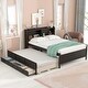 preview thumbnail 16 of 21, Full Bed with Twin Trundle, Drawers & Headboard Bookcase - Compact Design Espresso