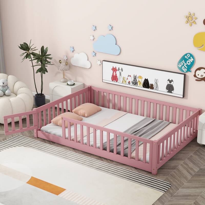 Full size Floor Platform Bed with Fence and Door, White
