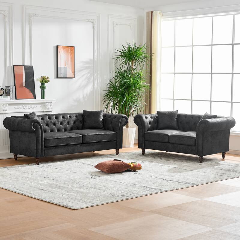 66"Chesterfield ‌Faux Leather Sofa,High-tech Fabric Roll Armrest Sofa,Upholstered Mid Century Modern Couch,2 Seater Couch