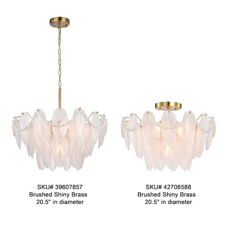 Paula Brushed Shiny Brass 7-Light Glass Feather-shaped Chandelier