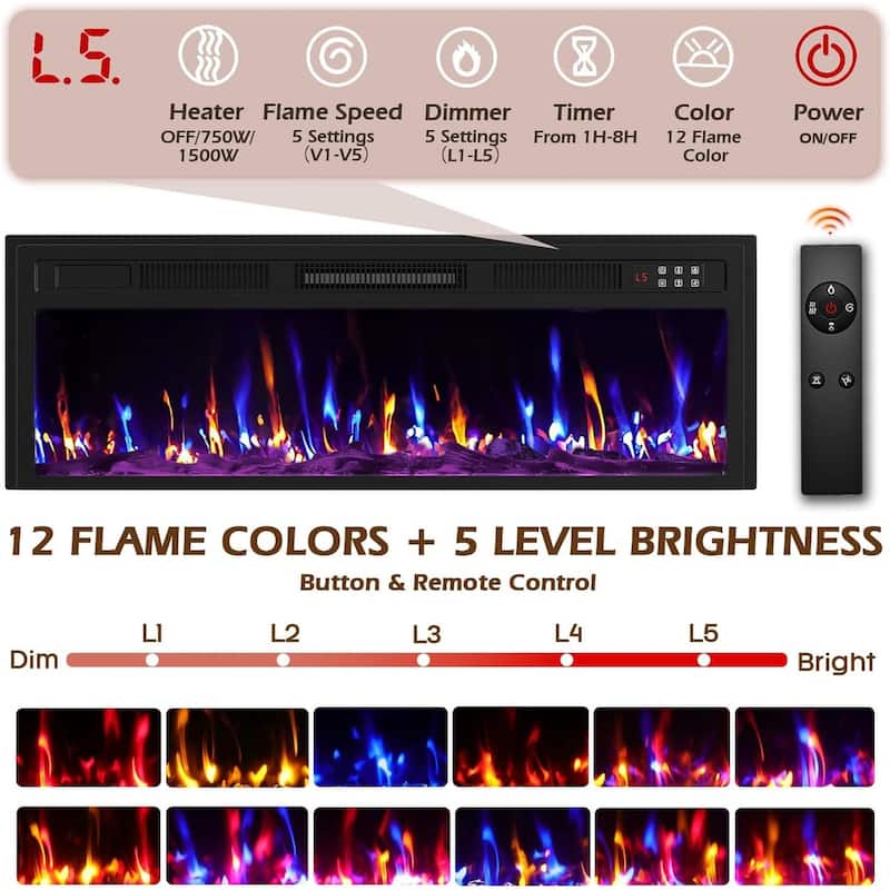 BOSSIN 80" Fireplace TV Stand with Adjustable LED Lights, Modern Entertainment Center with Glass Door Storage Cabinet, Black
