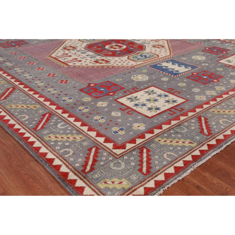Hand Knotted Oriental 100% Wool Carpet Traditional Medallion Greys & Charcoal Kazak Area Rug - 9' 3'' X 8' 3''
