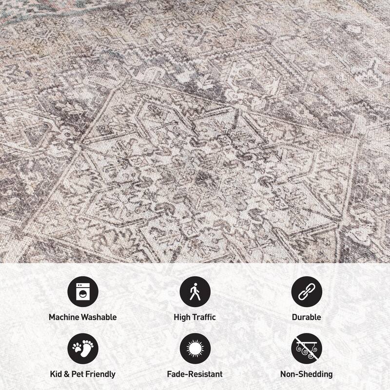 Beige Classic Washable Rug - Flat Pile, Non-Slip, Versatile for Any Room