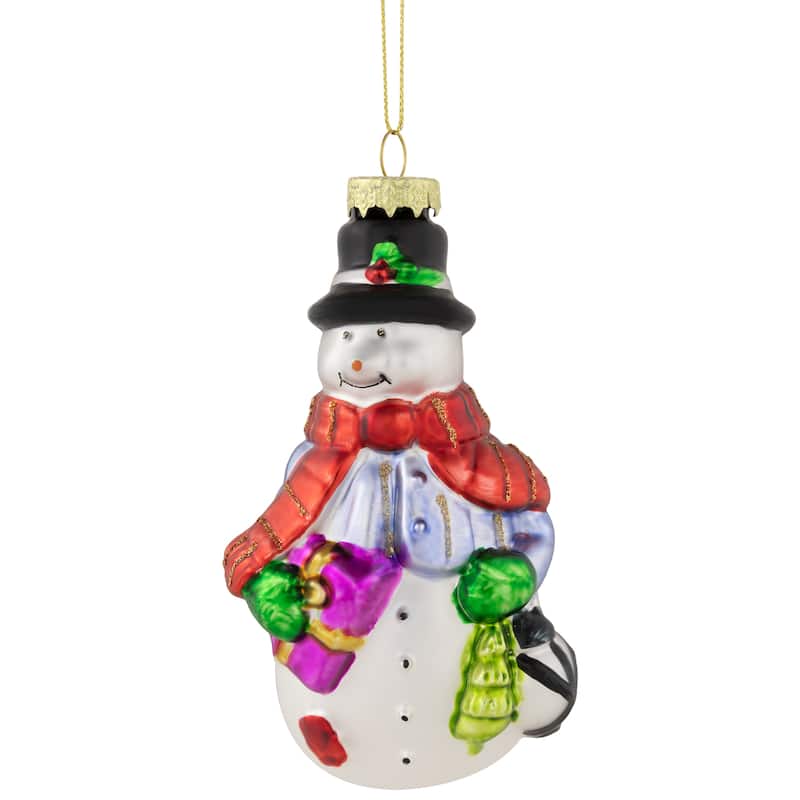 5" Red and Green Snowman with Presents Hanging Glass Christmas Ornament