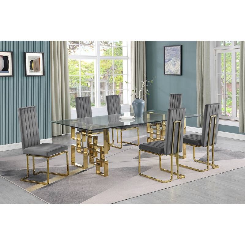 Best Quality Furniture Big Glass Dining Sets - 9pcs - Gold Chrome - Dark Gray 