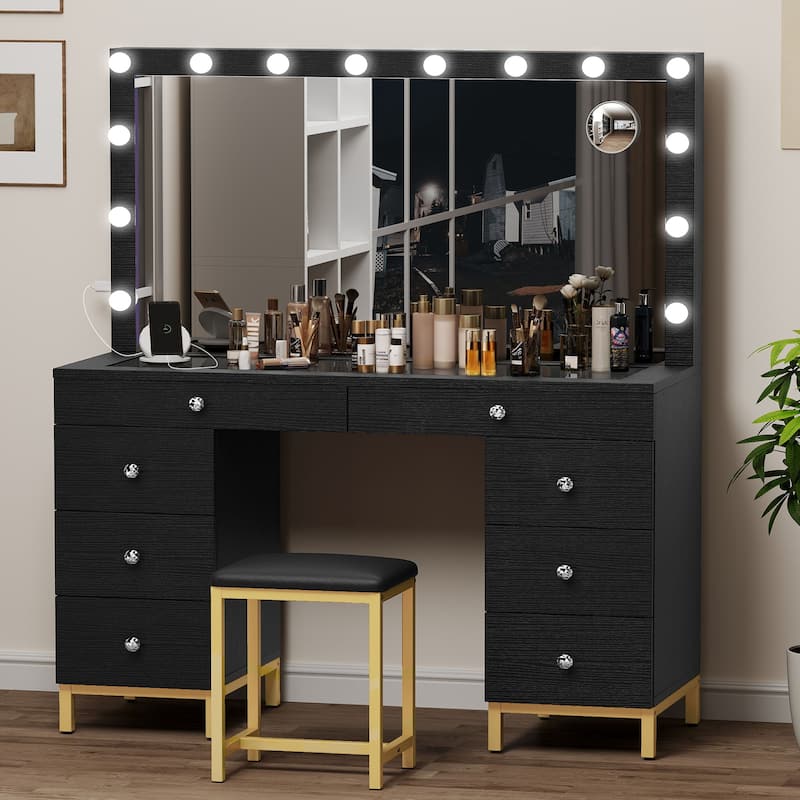 Moasis 45" Makeup Vanity Table Set with Lighted Mirror and Charging Station & PU Stool - Black