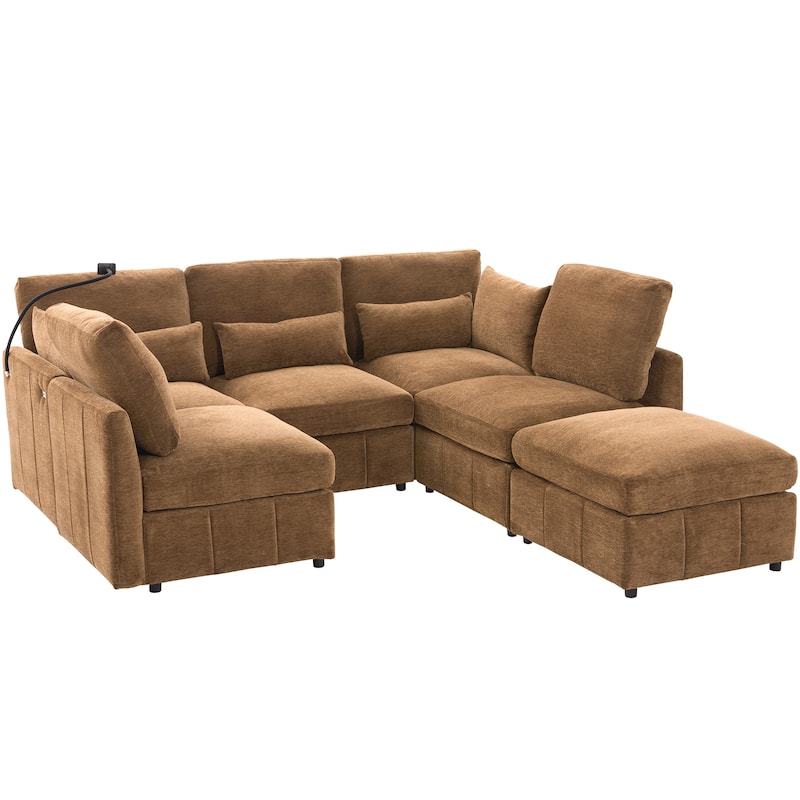 Roomfitters Modular U-Shaped Sectional Sofa Bed with Ottoman, USB Ports and Phone Holder for Living Room