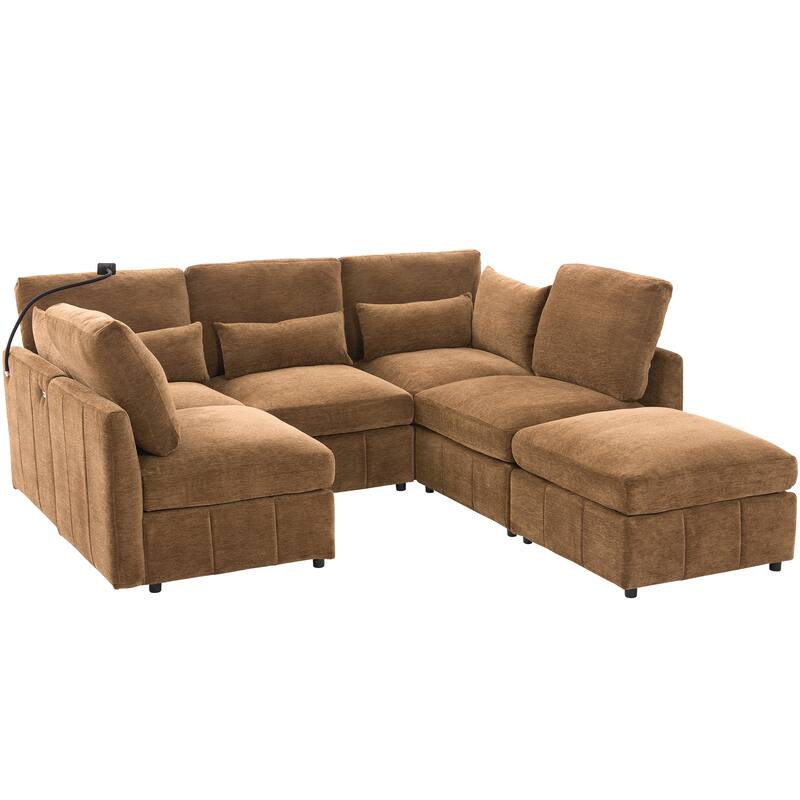 U Shaped Modular Sectional Sofa with Movable Ottoman, Chenille Upholstered 5-Seater Sofa with 2 USB Ports & Phone Holder