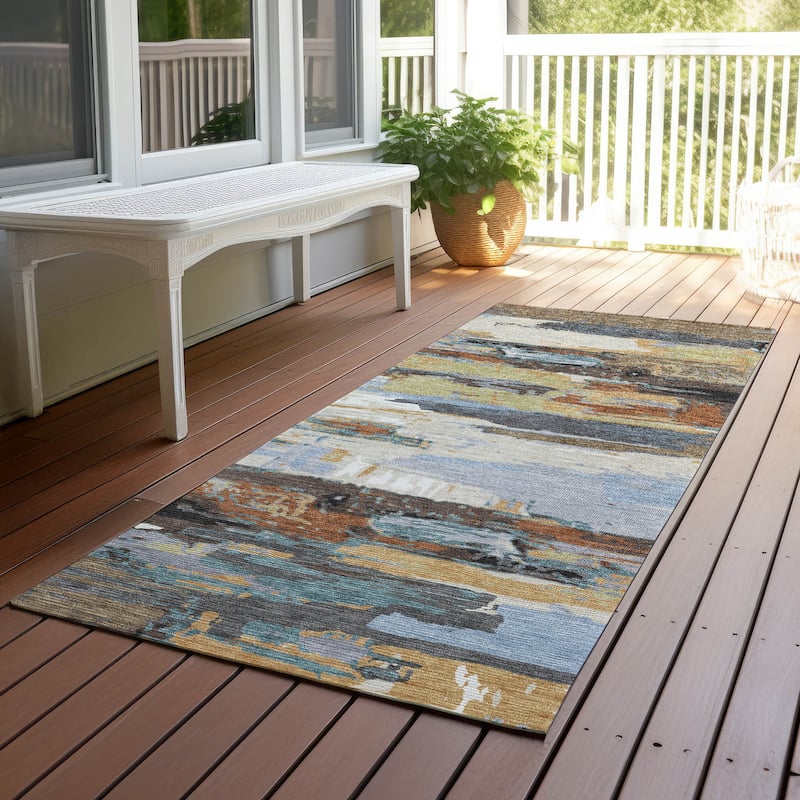Machine Washable Indoor/ Outdoor Abstract Contemporary Chantille Rug - Mocha - 2'3" x 7'6"