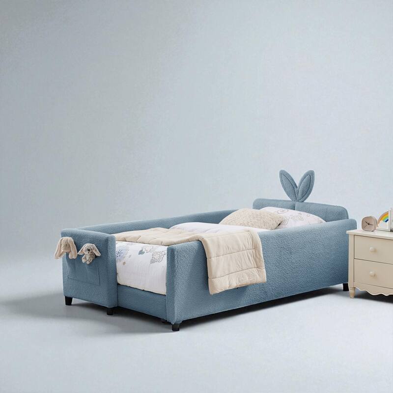 Twin Size Upholstered Platform Bed with Rabbit Ear Headboard, Boucle Fabric, Safety Rail and Storage Pocket for Kids