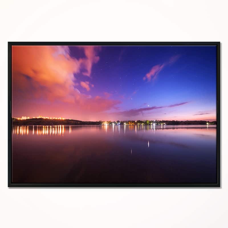 Designart "Night Sky Reflection in River" Landscape Photography Framed Canvas Print