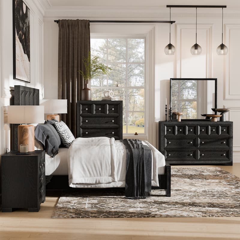 Furniture of America Durem Modern Classic 6-Piece Solid Wood Panel Bedroom Set with 3-Drawer Nightstand - Weathered Black - Queen