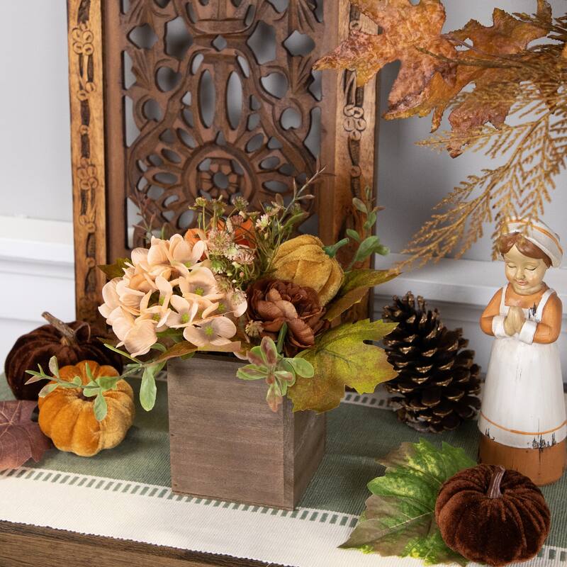 Floral and Pumpkin Wooden Box Fall Harvest Decoration - 10" x 8" - Orange and Brown - 10" x 8"