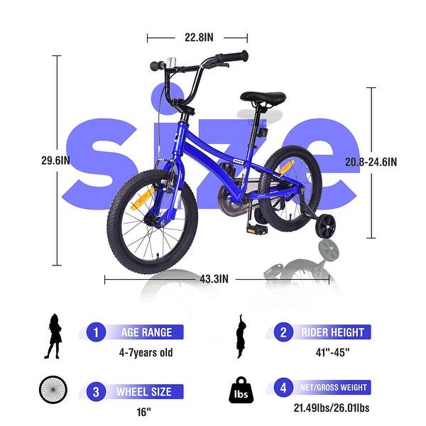 dimension image slide 1 of 4, 16 Inch Road City Bike For Toddlers Kids, Steel Frame Road Bike With Training Wheels, Lightweight Kids City Bike
