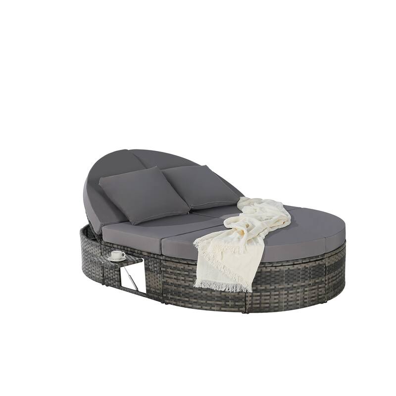 Outdoor Patio Rattan Round Daybed Sunbed with Adjustable Backrests and Foldable Cup Trays