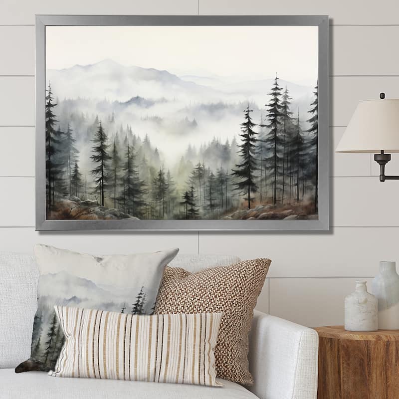 Designart "Pine Tree Misty Mountain II" Floral Framed Wall Art Living Room - Silver - 20 in. wide x 12 in. high