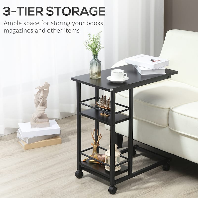 HOMCOM C Shaped End Table with Storage Shelves, Mobile Side Table with Wheels