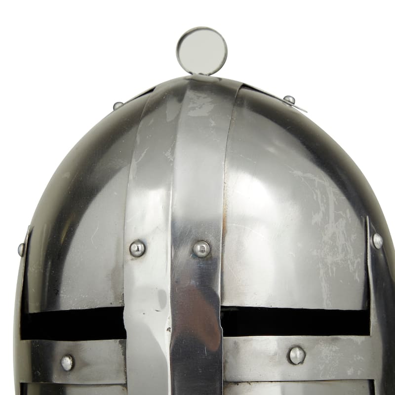 Silver Metal Replica Medieval Knight Crusader Helmet with Black Wood Stand - 9 x 10 x 18