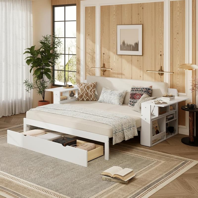 4-in-1 Convertible Daybed with Foldable Desk, Pull-Out Bed & Storage by Harper&Bright Designs - White - Queen