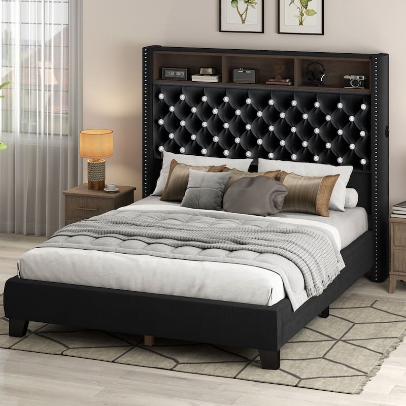 58" Tall Wingback Storage Headboard Bed Frame with USB Charging Stations and Deep Button Tufted