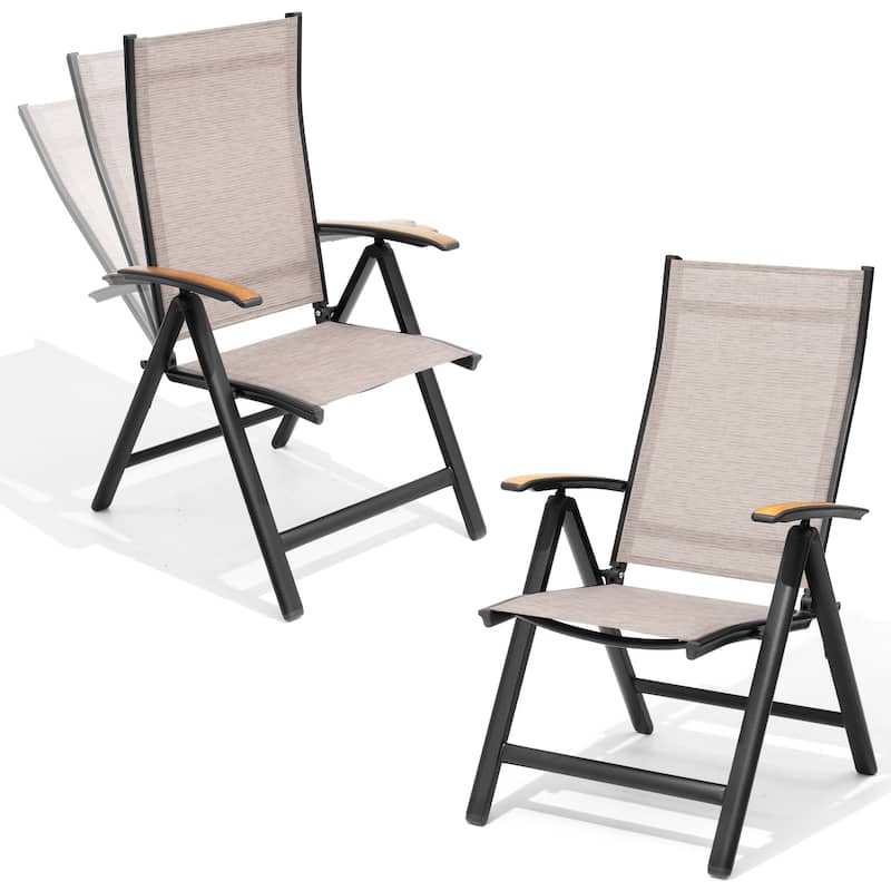 Outdoor Patio Aluminum Folding Chairs Set with Adjustable Backrest, Solid Wood Armrest - Espresso - 2PC