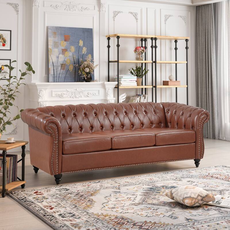 84" PU Rolled Arm Chesterfield Three Seater Sofa - Brown
