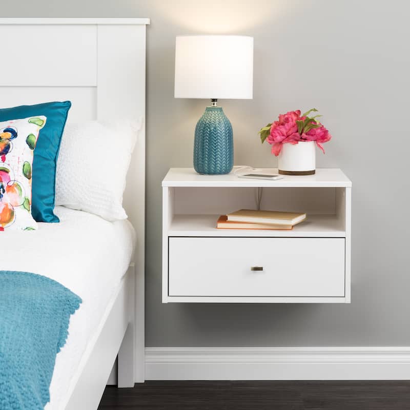 Prepac 1 Drawer Floating Nightstand with Open Shelf, Wall Mounted Nightstand, Contemporary Bedroom Furniture
