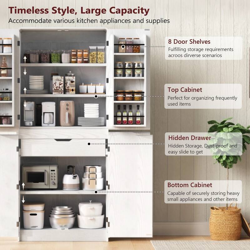 Farmhouse Kitchen Pantry Cabinet Storage Cupboard with 8 Door Shelves, 3 Adjustable Interior Shelves, Hidden Drawer
