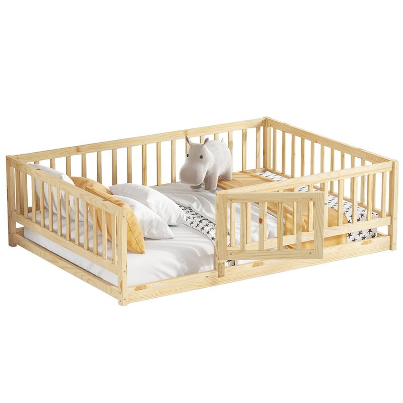 Kids Montessori Floor Bed for Kids, Girls, Boys, Solid Wood Floor Bed Frame with Fence and Door, No Box Spring Needed