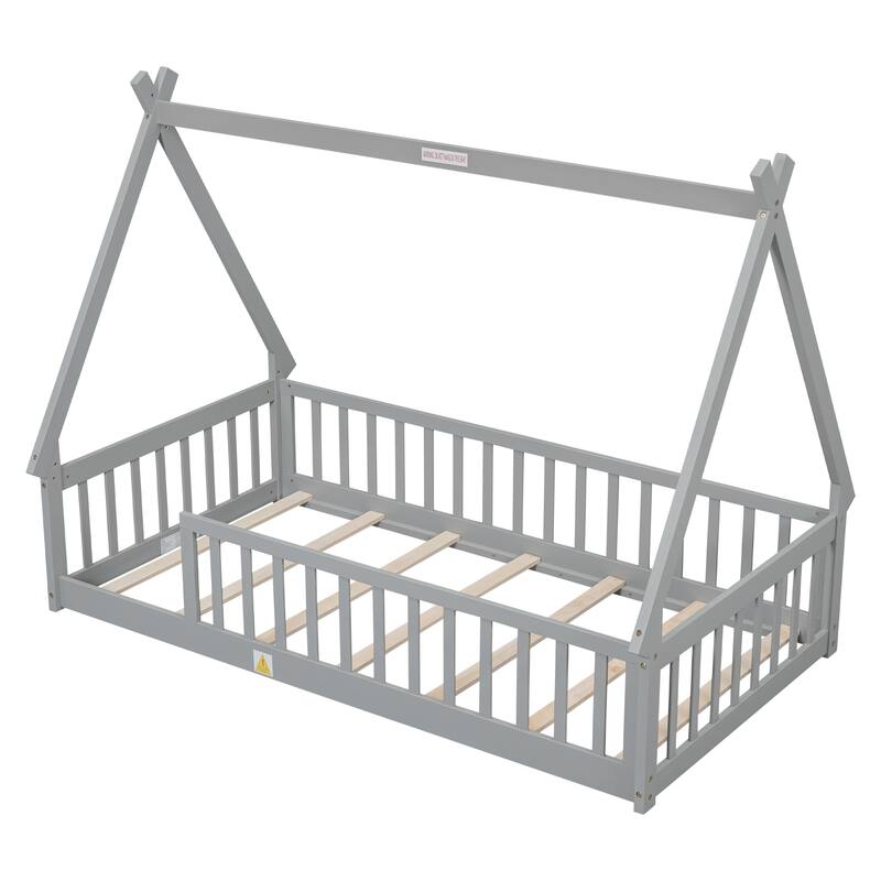 Grey Twin Size Pine Wood Tent-shaped Floor Teepee Bed with Guardrails, Slats and Rood