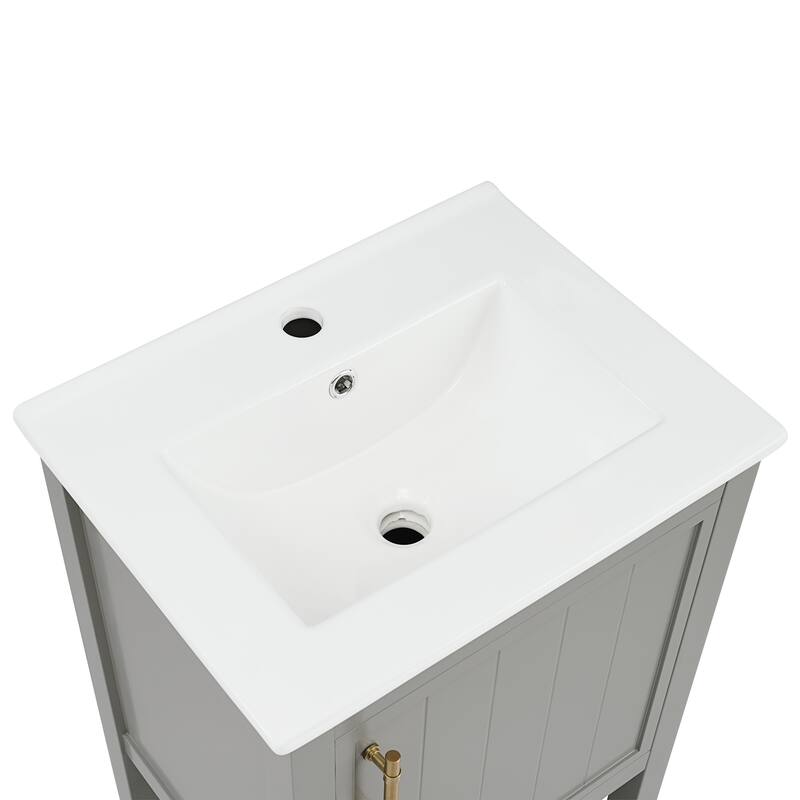 Bathroom Storage Cabinet Vanity with Ceramic Sink, Vertical Stripe Soft Closing Door, Storage Rack, Gold Handle and Open Shelf