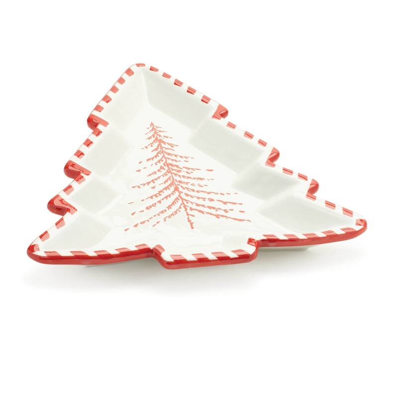 Set of 2 Ceramic Christmas Platters with Pine Tree Motif and Red Striped Border for Holiday Treats