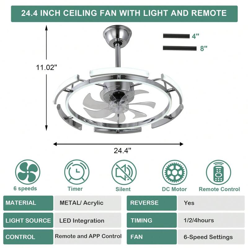Cusp Barn 24 Inch Modern DIY Ceiling Fan with Dimmable LED Light, Silent DC Motor, 3 Color Changing Light Fixtures for Bedroom