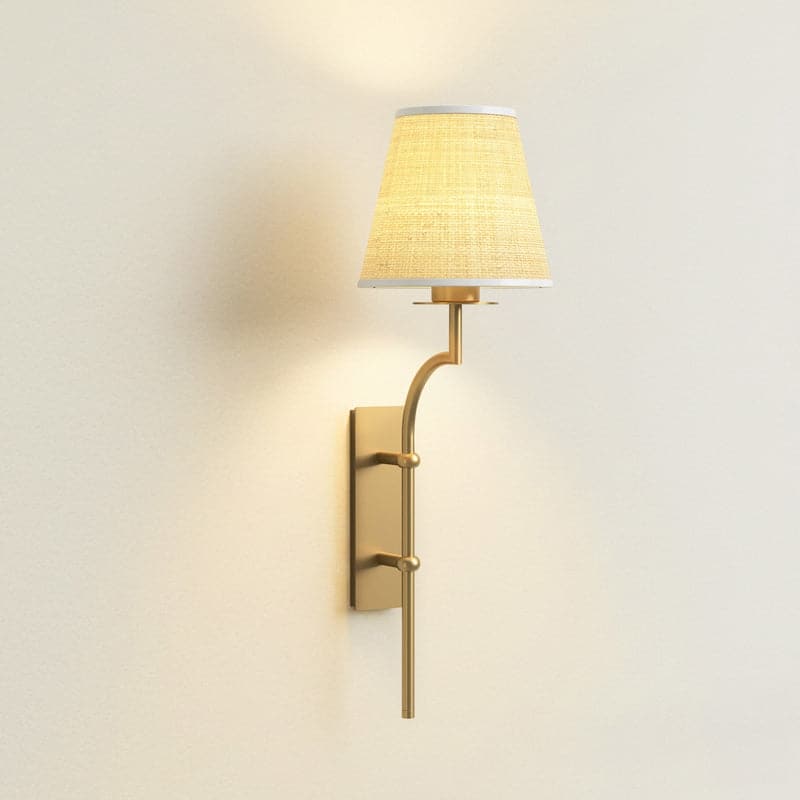 Rowabi Arco Cone Rattan Sconce Metal, Raffia & Natural Beige, Gold Wall Sconce for Bedroom, Hallway in Modern, Mid-Century Style