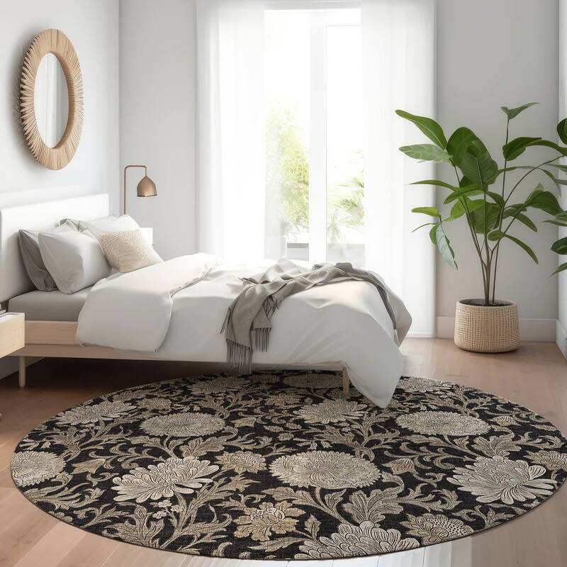 Machine Washable Indoor/ Outdoor Chantille Floral Rug - Black - 8' x 8'