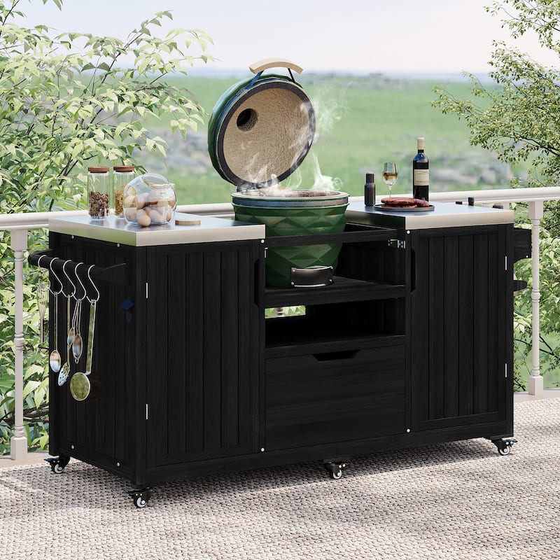 66.5"Outdoor Kitchen Island for Big Green Egg Grills,Solid Wood Grill Cart for Tabletop Grill with Stainless Steel Top, Drawer