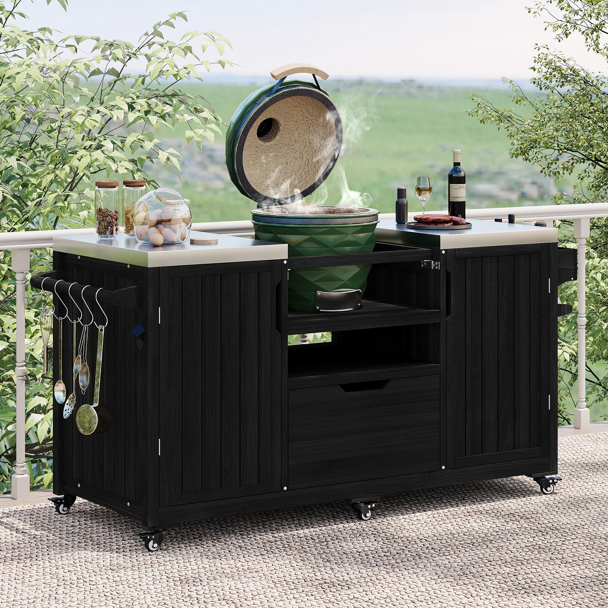 Outdoor Kitchen Island Grill Cart for Big Green Egg Grills with Stainless Steel Top and Storage Racks