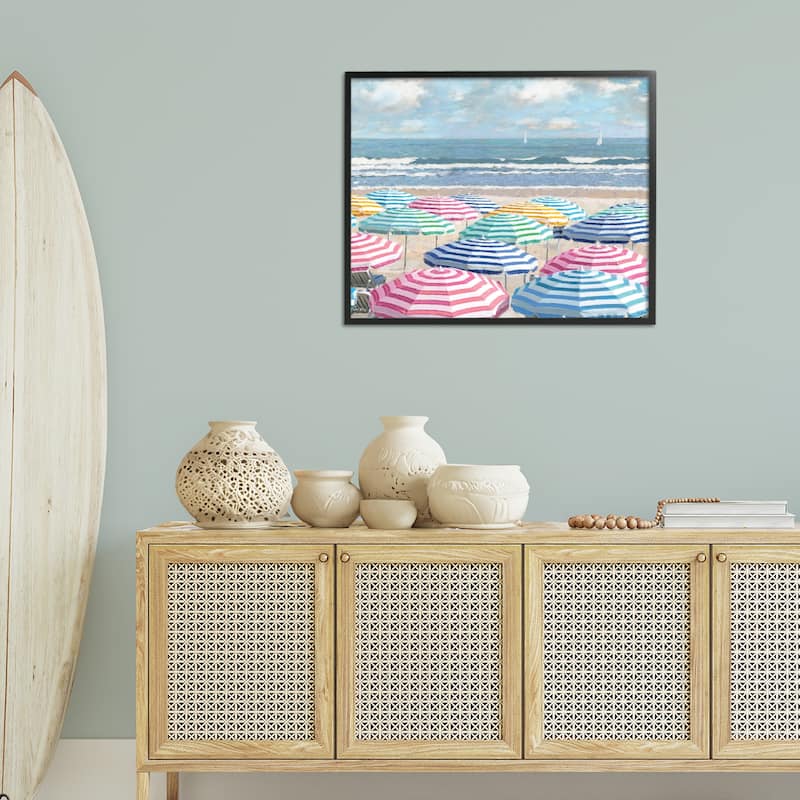 Stupell Shore with Bright Umbrellas Framed Giclee Art Design By Amber Sterling