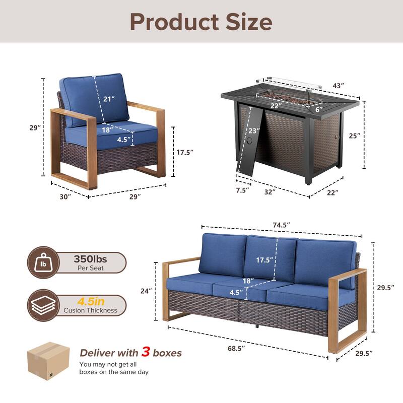 Meyreso Wicker Patio Conversation Set with Metal Fire Pit Table & Olefin Cushions