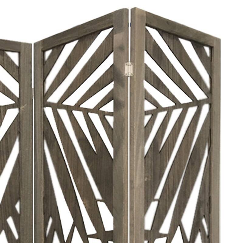 3 Panel Wooden Screen with Laser Cut Tropical Leaf Design, Gray