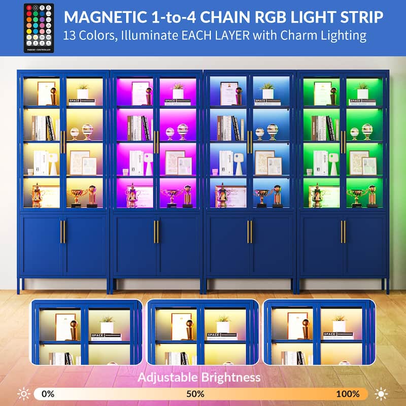 6-Tier Tempered Glass Curio Display Cabinet with 4 Doors, Adjustable Shelves, 13 Color Lights