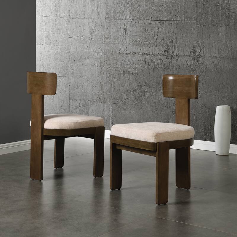 Fabric Dining Chairs Set of 2, T-Back Upholstered Dining Room Chairs with Rubber Wood Legs, Living Room Chairs - Beige