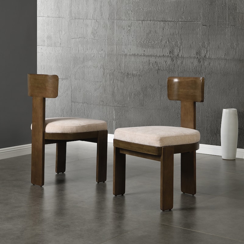 Roomfitters Upholstered Dining Side Chair Set of 2, Fabric Seating with Light Brown Rubber Wood Legs - Beige