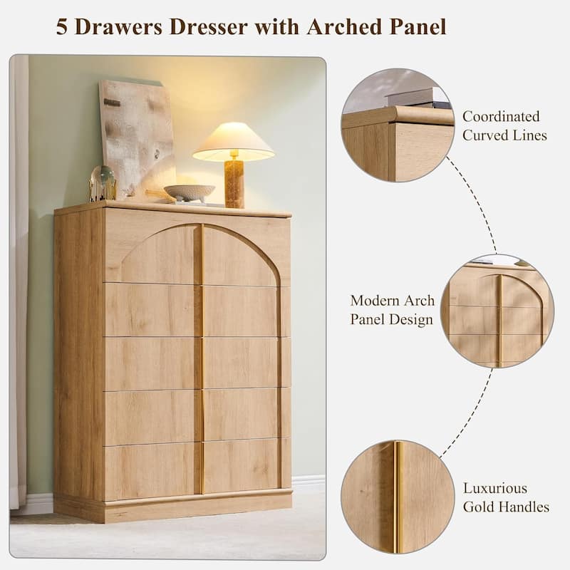 44" Tall Modern 5 Drawers Dresser with Arched Panel, Chest of Drawers