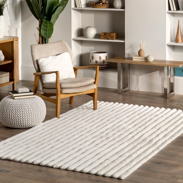slide 2 of 24, Nuloom Kai SuperiorWash Stripe Faux Rabbit Machine Washable Area Rug 6' x 9' - Off White - Rectangle