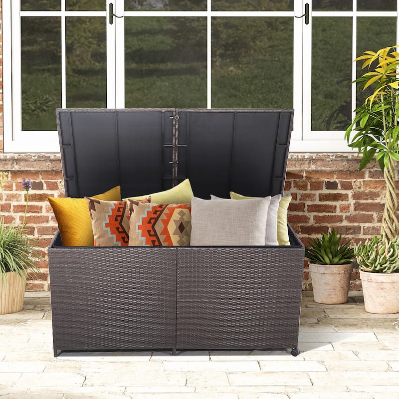Gymax Patio 175 Gallon Rattan Wicker Storage Deck Box Container Wheels