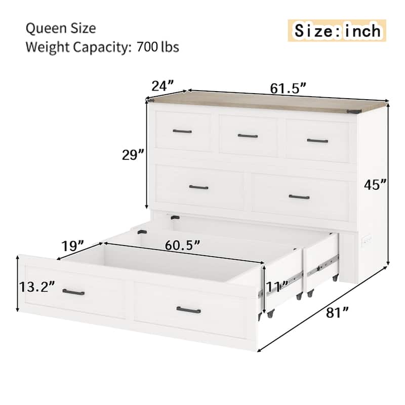 Foldable Murphy Bed Cabinet Full/Queen with USB & Type-C Ports and Storage Drawer for Guest Room