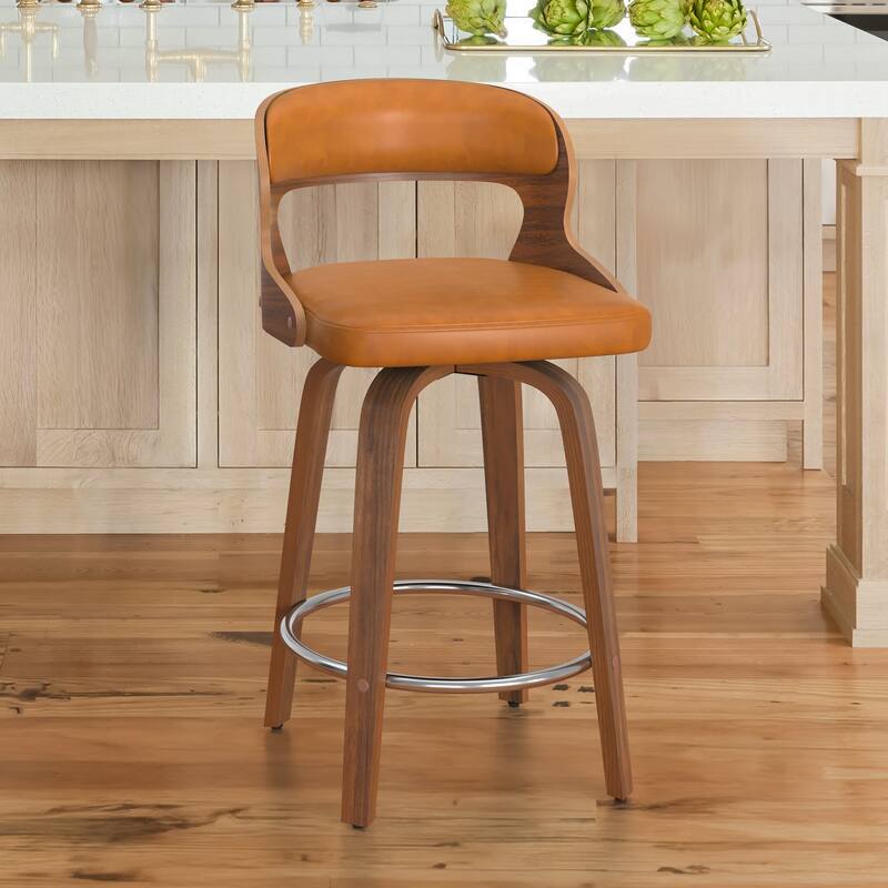 PU Leather 26in. Swivel Barstool Counter Height Low Back Solid Wood Stool for Kitchen Islands with Curved Backrest - Single - Whiskey Brown