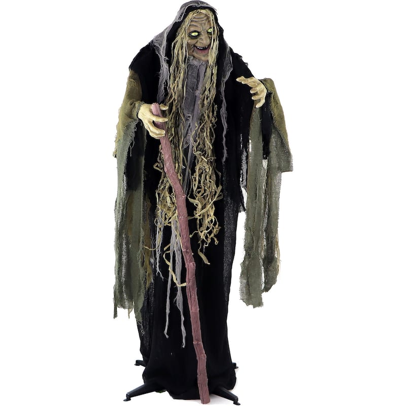 Haunted Hill Farm Life-Size Animatronic Witch, Indoor/Outdoor Halloween Decoration, Light-up White Eyes, Poseable