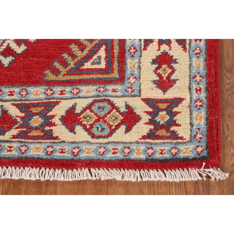 Red Geometric Kazak Oriental Accent Rug Handmade Wool Carpet - 2'8" x 3'11"